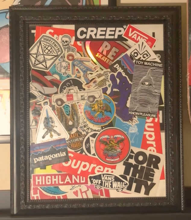 skate stickers randomly arranged in a picture frame