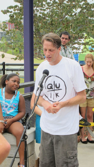 Tony Hawk making a speech, discussing the project and thanking the crowd.