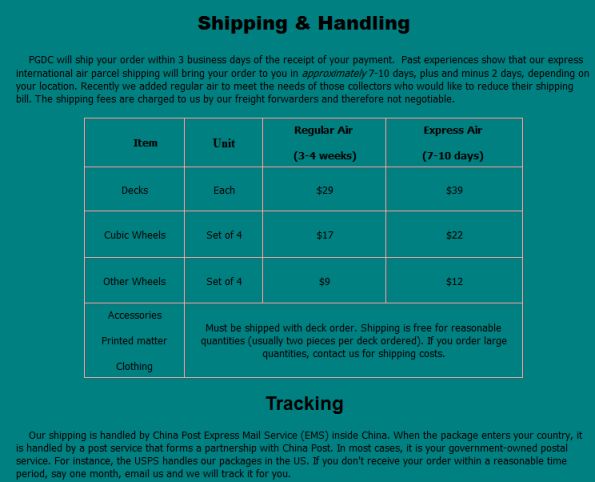2001 PGDC shipping info page